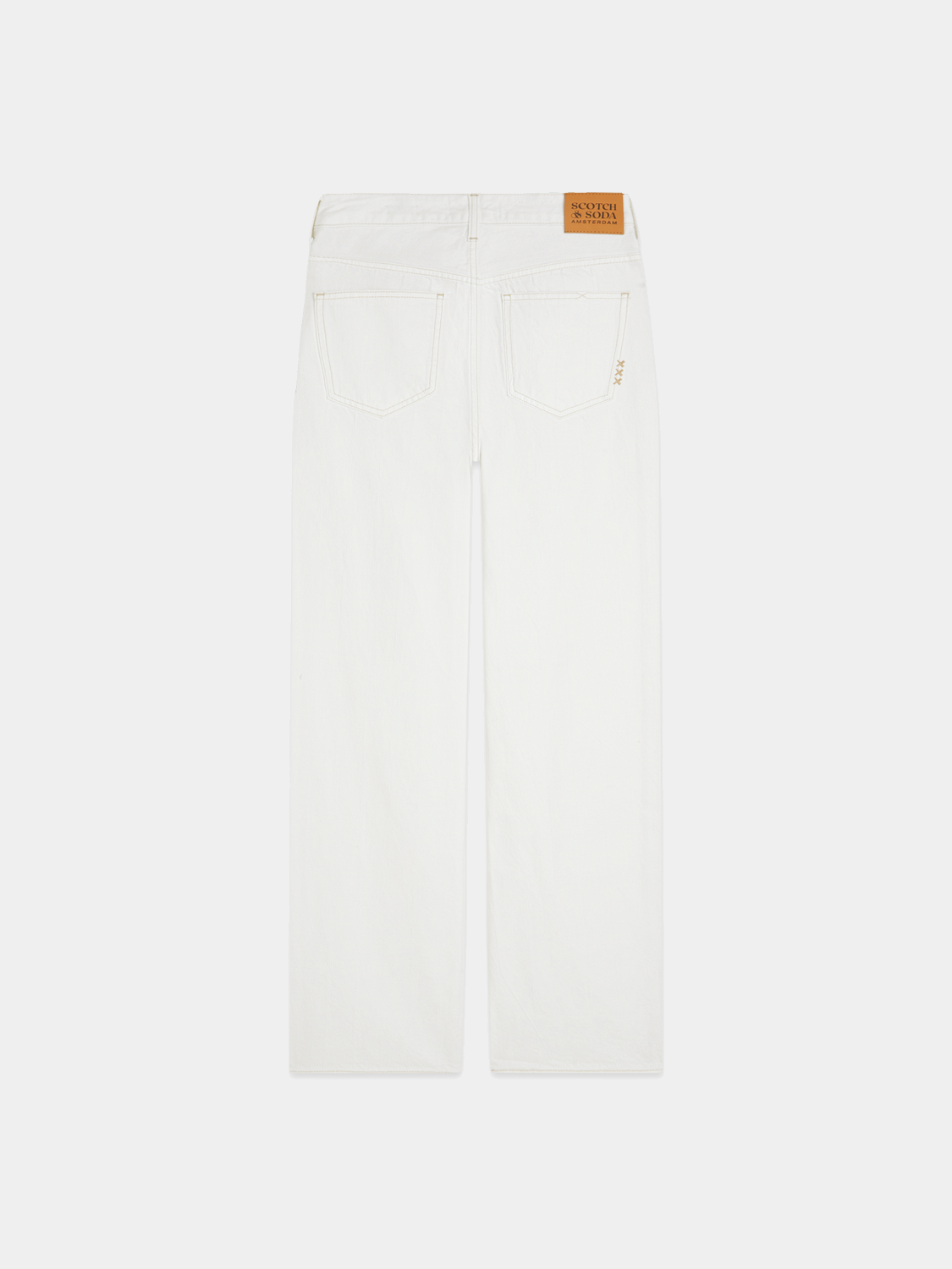 Dark blue Scotch & Soda Ripple straight-fit denim jeans laid flat showing classic five-pocket design and clean stitching.