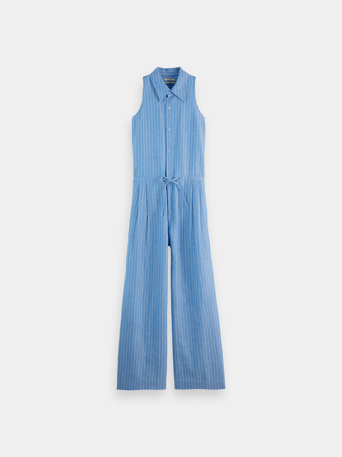 Striped linen jumpsuit by Scotch & Soda featuring a relaxed fit, wide legs, and a sleeveless design, perfect for casual summer wear.