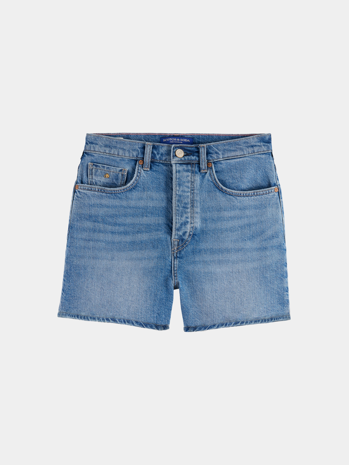Light blue Ray denim shorts by Scotch & Soda with rolled cuffs and five-pocket design, displayed on a plain background.