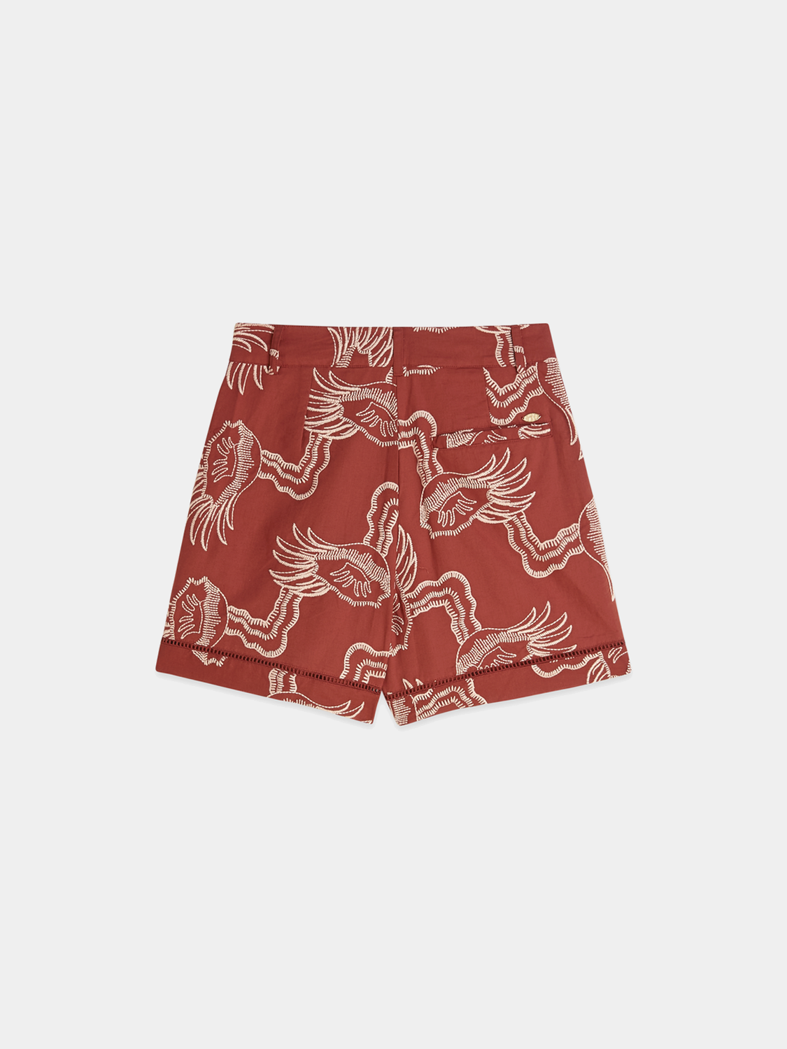 Embroidered SCOTCH & SODA shorts with floral patterns, casual fit, and denim fabric, shown from the back.