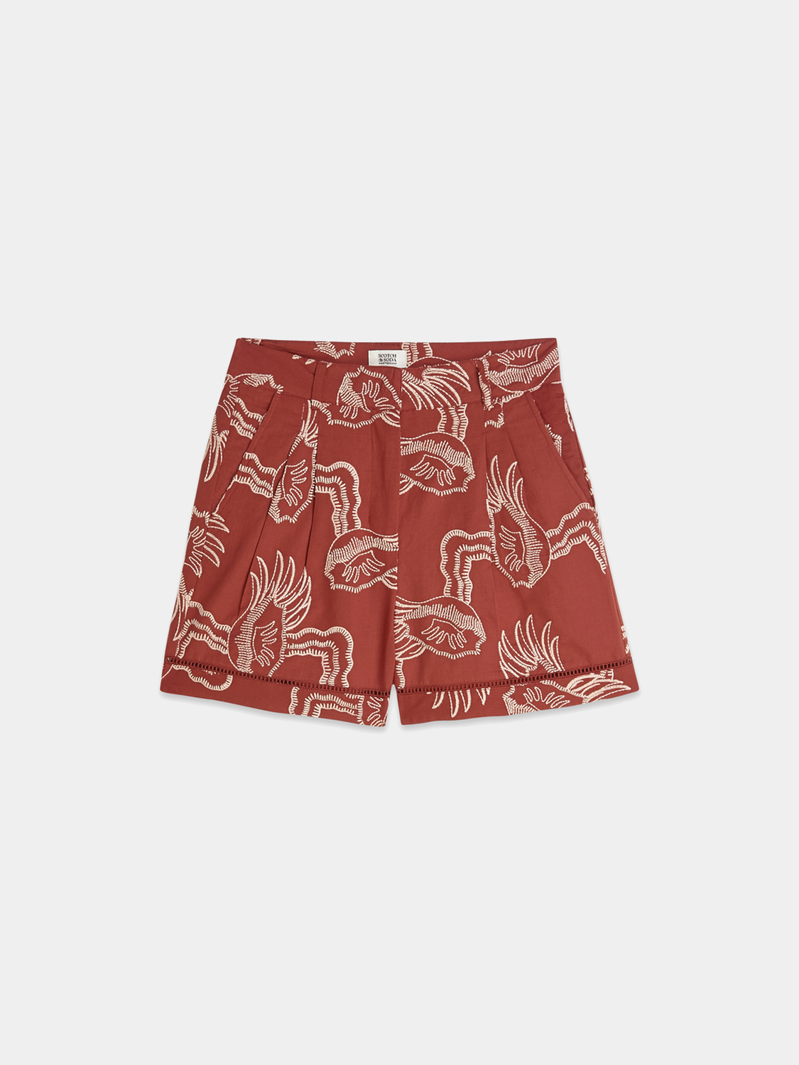 Embroidered shorts by SCOTCH & SODA featuring colorful floral embroidery on lightweight fabric.