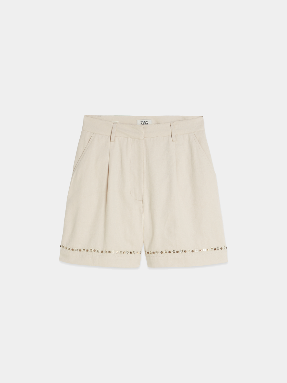 Embellished shorts by Scotch & Soda featuring decorative details, styled with a casual fit and vibrant fabric.
