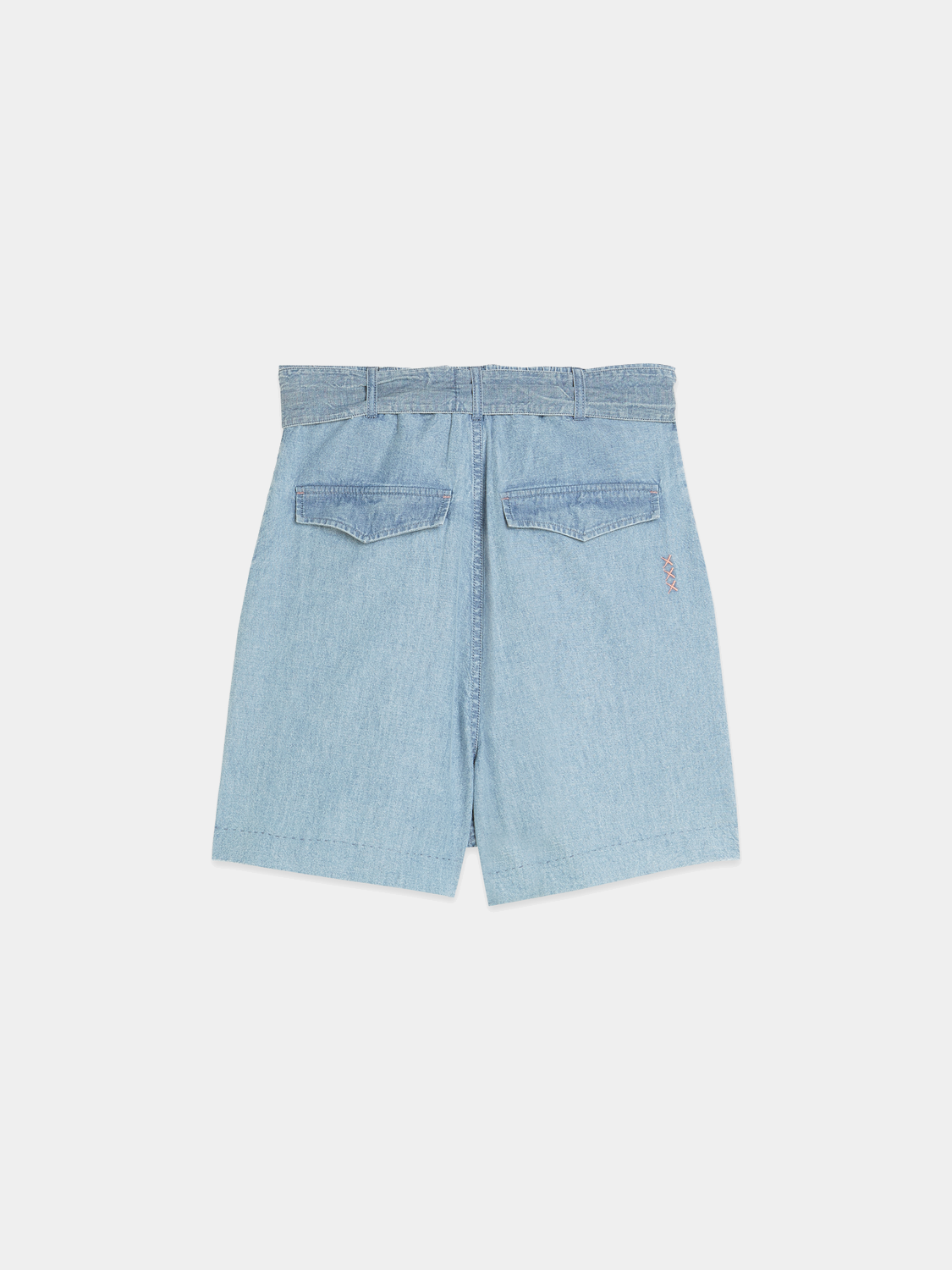 Indigo denim shorts by Scotch & Soda, featuring classic five-pocket design and rolled hems, shown from the back.